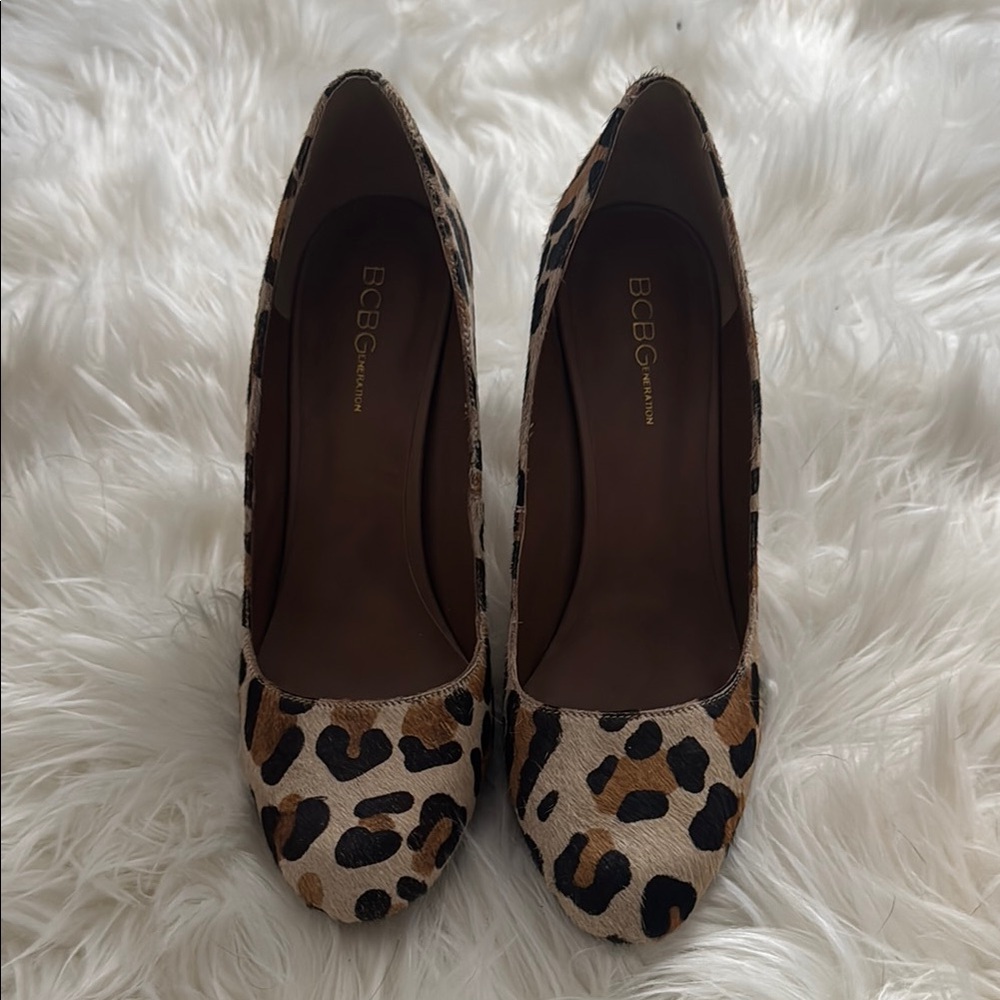BCBG calf hair leopard heels
